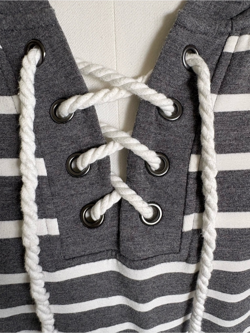 CAbi Nautical Inspired Gray & White Striped Hoodie - Soft French Terry Knit (L) - Picture 8 of 14